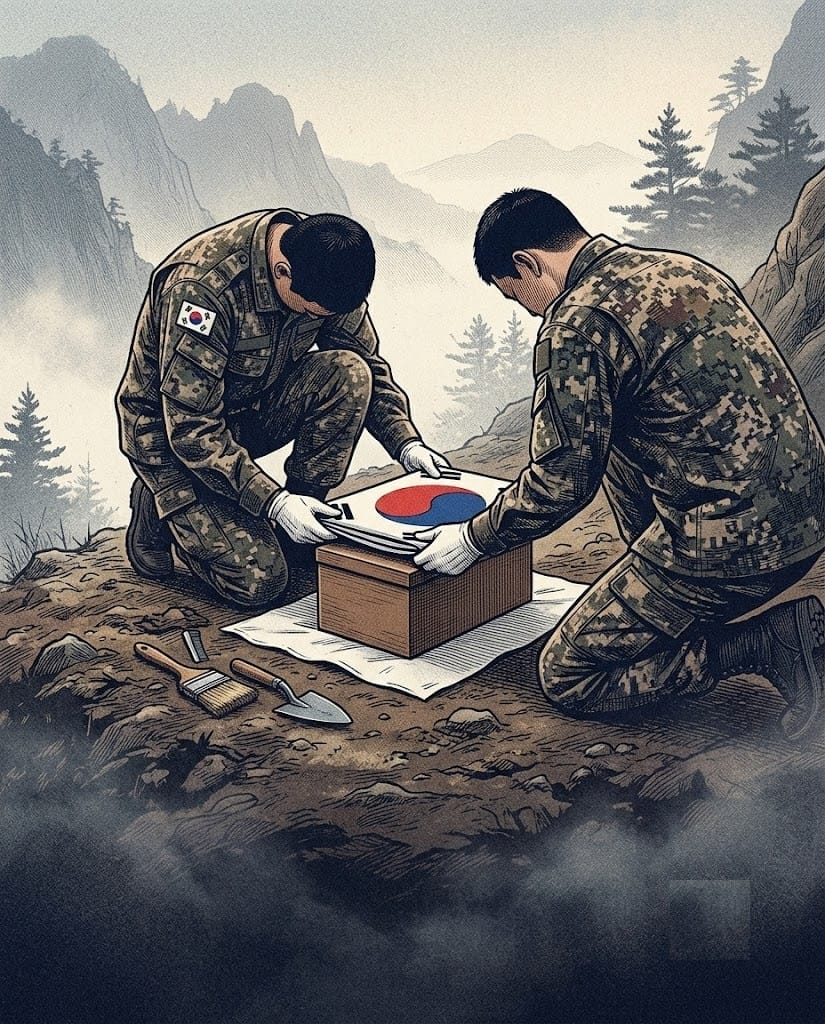 유해함에 태극기를 덮는 장병 일러스트