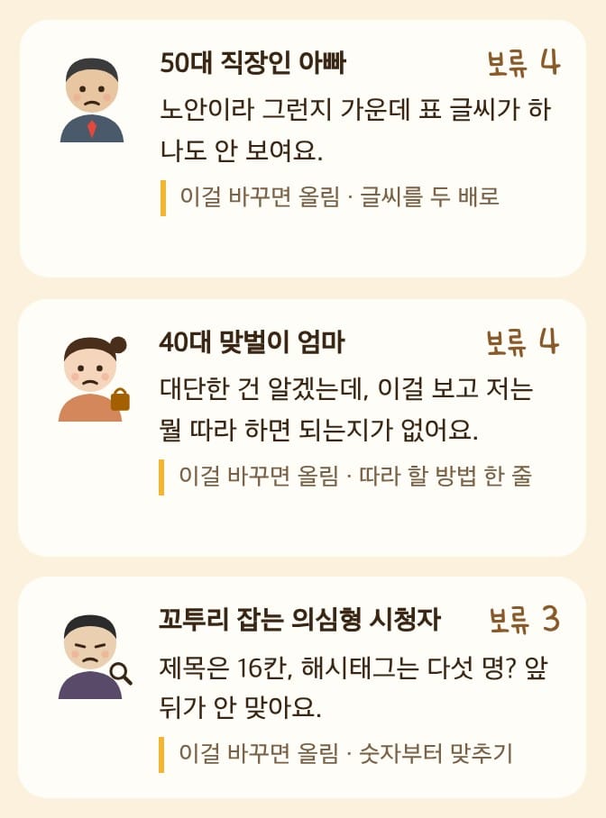 위원 발언 카드 — 50대 직장인 아빠, 40대 맞벌이 엄마, 꼬투리 잡는 의심형 시청자의 보류 의견