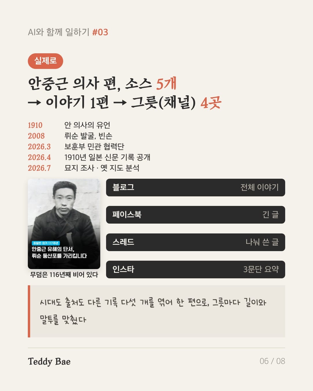 안중근 의사 편 — 소스 5개, 이야기 1편, 그릇(채널) 4곳