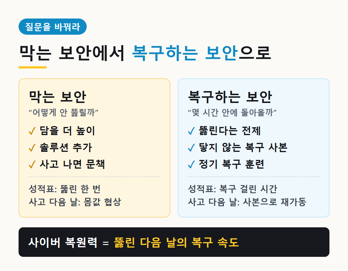 막는 보안과 복구하는 보안 비교: 질문, 목표, 성적표, 사고 다음 날 모습의 차이