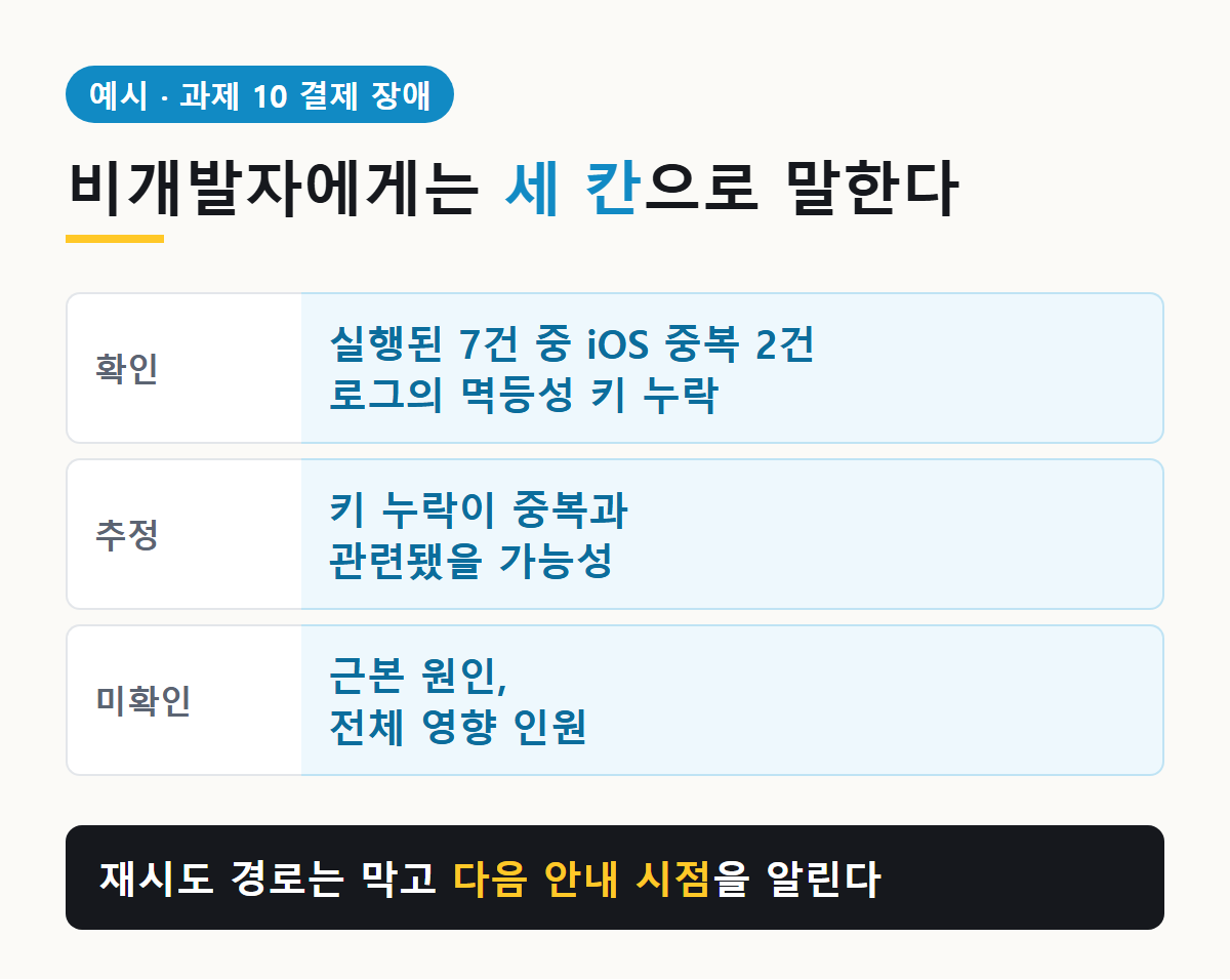 비개발자에게 장애를 설명하는 세 칸: 확인은 실행 7건 중 iOS 중복 2건과 멱등성 키 누락, 추정은 키 누락과 중복의 관련성, 미확인은 근본 원인과 전체 영향 인원