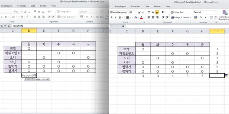 엑셀 countif 함수 활용하기