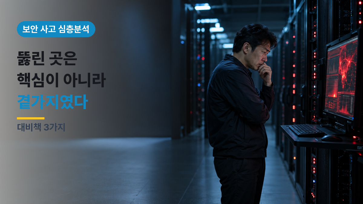 금융권 해킹 사고와 사이버 복원력: 어두운 서버실에서 붉은 경고 화면을 바라보는 보안 담당자. 썸네일 문구 「뚫린 곳은 핵심이 아니라 곁가지였다」